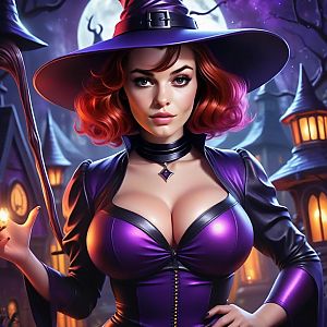 Glamorous Witch Under Full Moon in Mystical Village