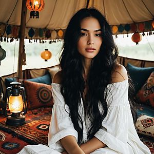 Woman in Bohemian Tent with White Dress