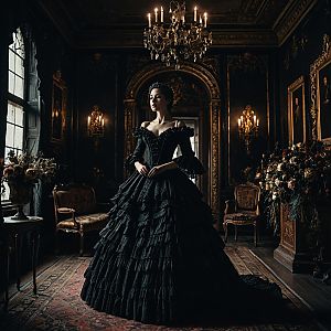 Elegant Woman in Black Victorian Gown in Ornate Baroque Interior
