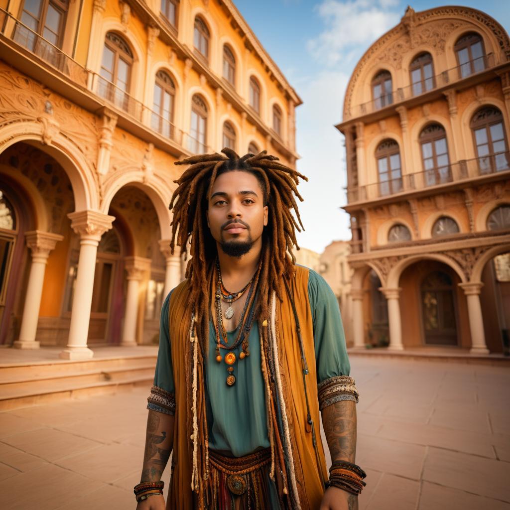 Man with Dreadlocks in Bohemian Attire in Mediterranean Courtyard