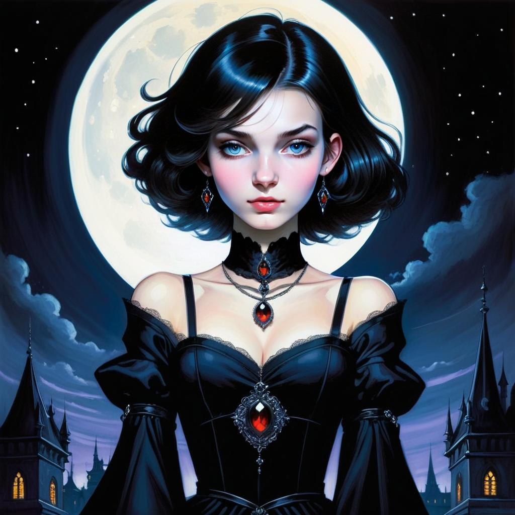 Gothic Woman with Blue Eyes Under Full Moon