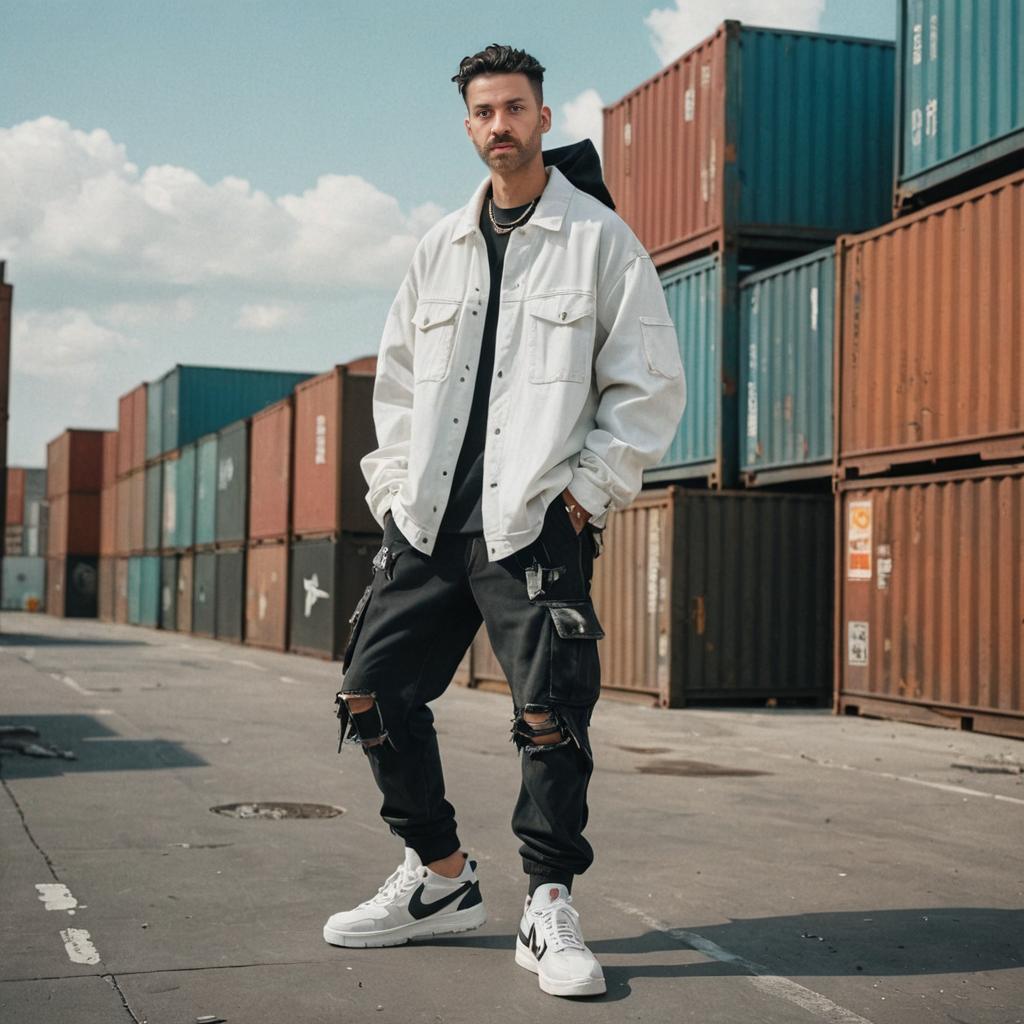 Confident Man in Trendy Streetwear with Colorful Shipping Containers