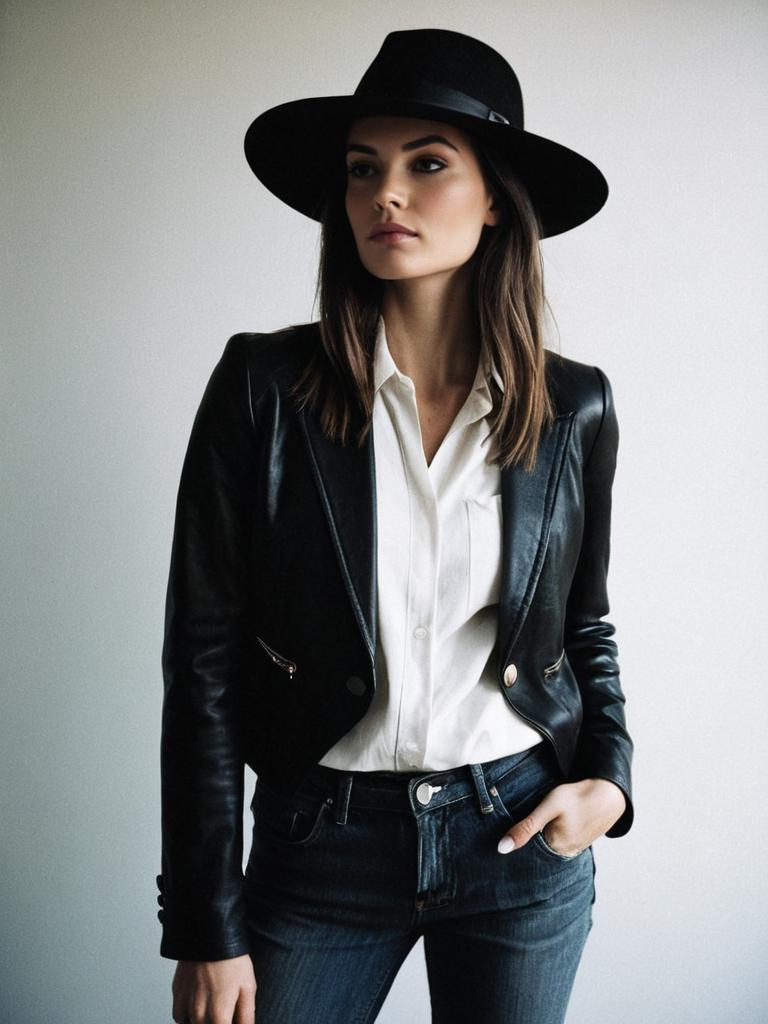 Stylish Woman in Black Leather Jacket and Wide-Brimmed Hat Fashion Portrait