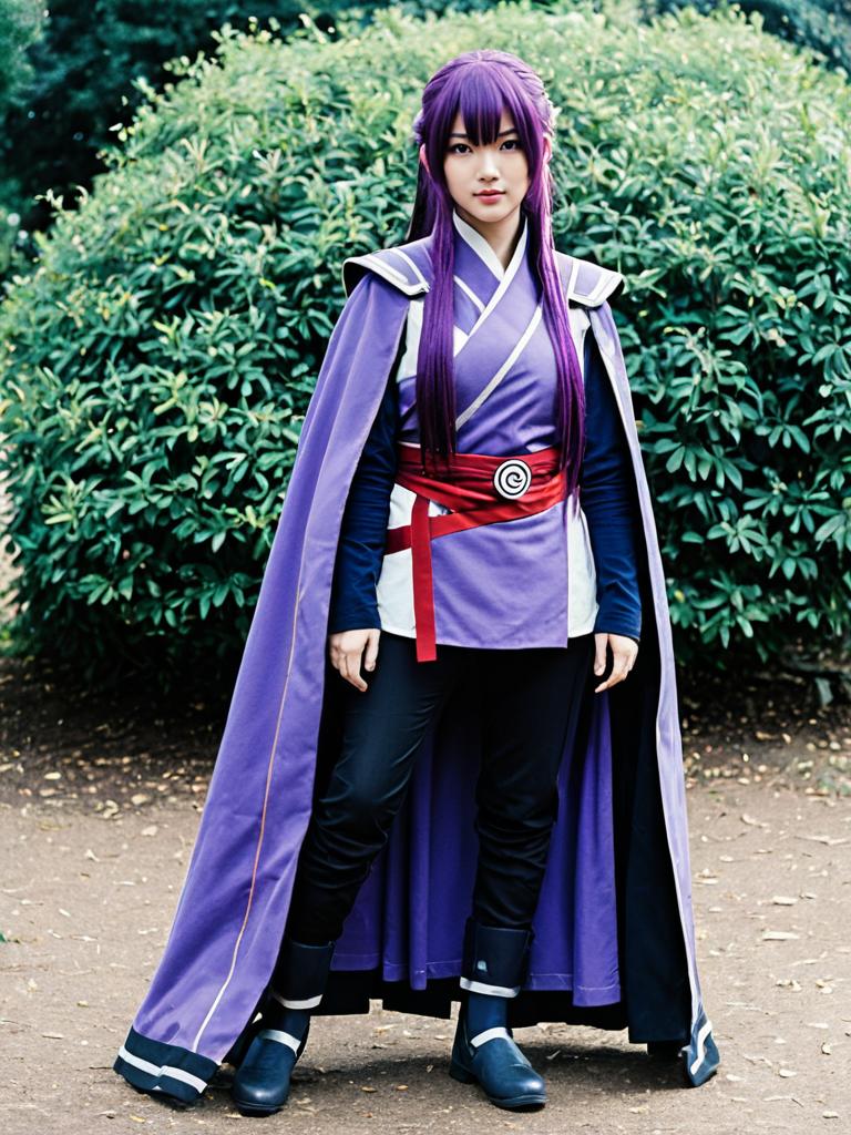 Akatsuki Log Horizon Cosplay Woman in Purple Cloak Outdoors