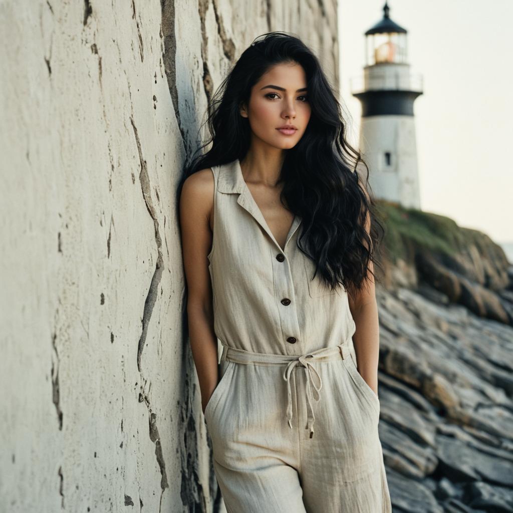 Woman in beige jumpsuit by rocky shoreline with lighthouse
