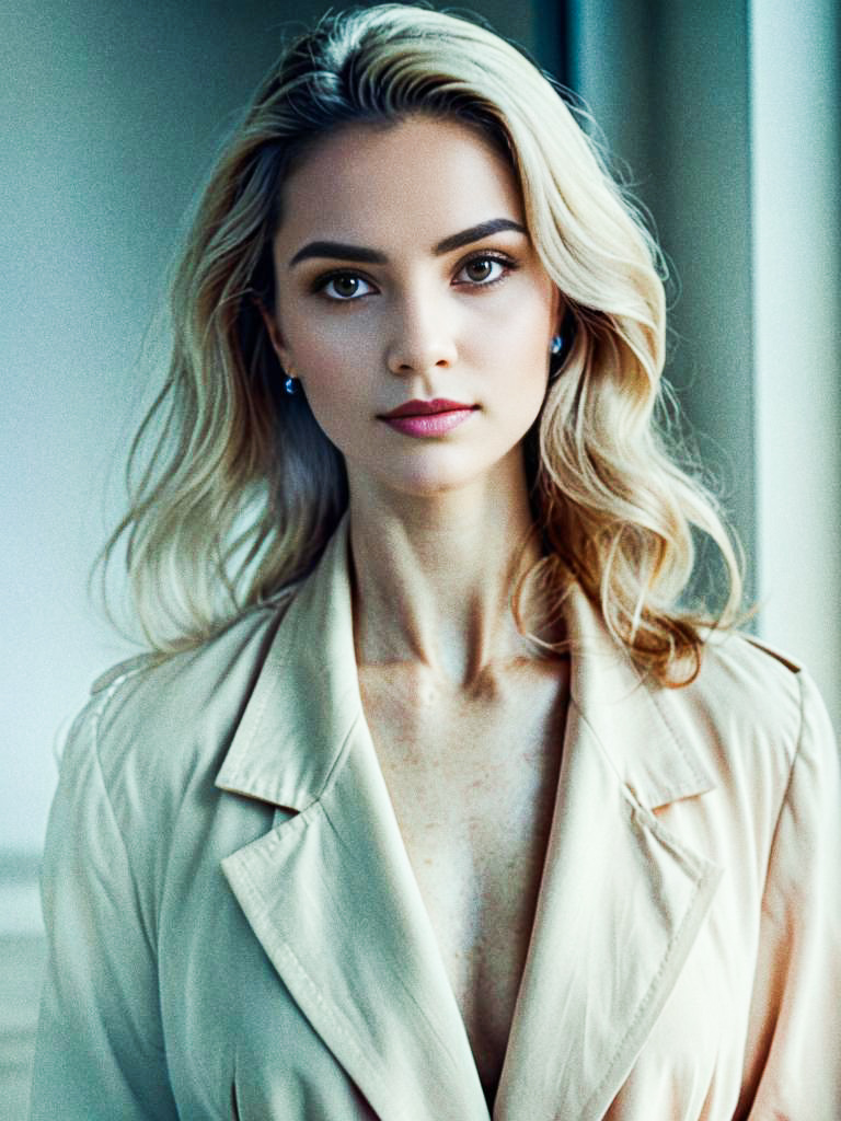 Elegant Woman in Beige Coat with Blonde Hair