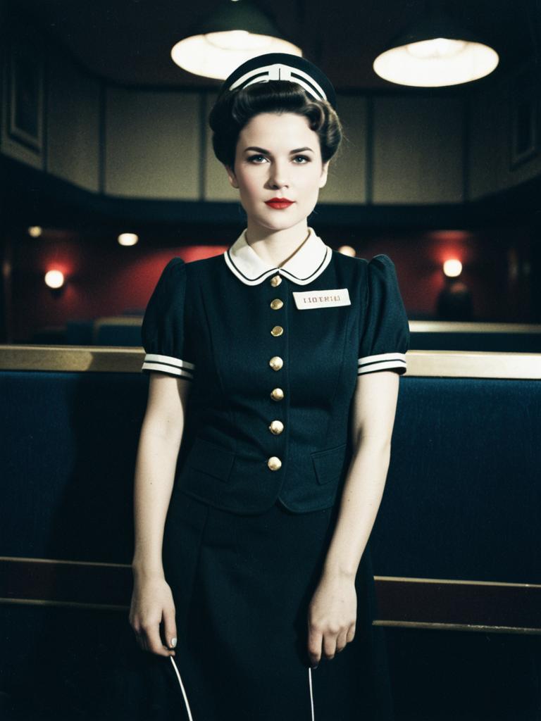 Woman in Classic Cinema Usherette Costume with Dramatic Cinematic Lighting