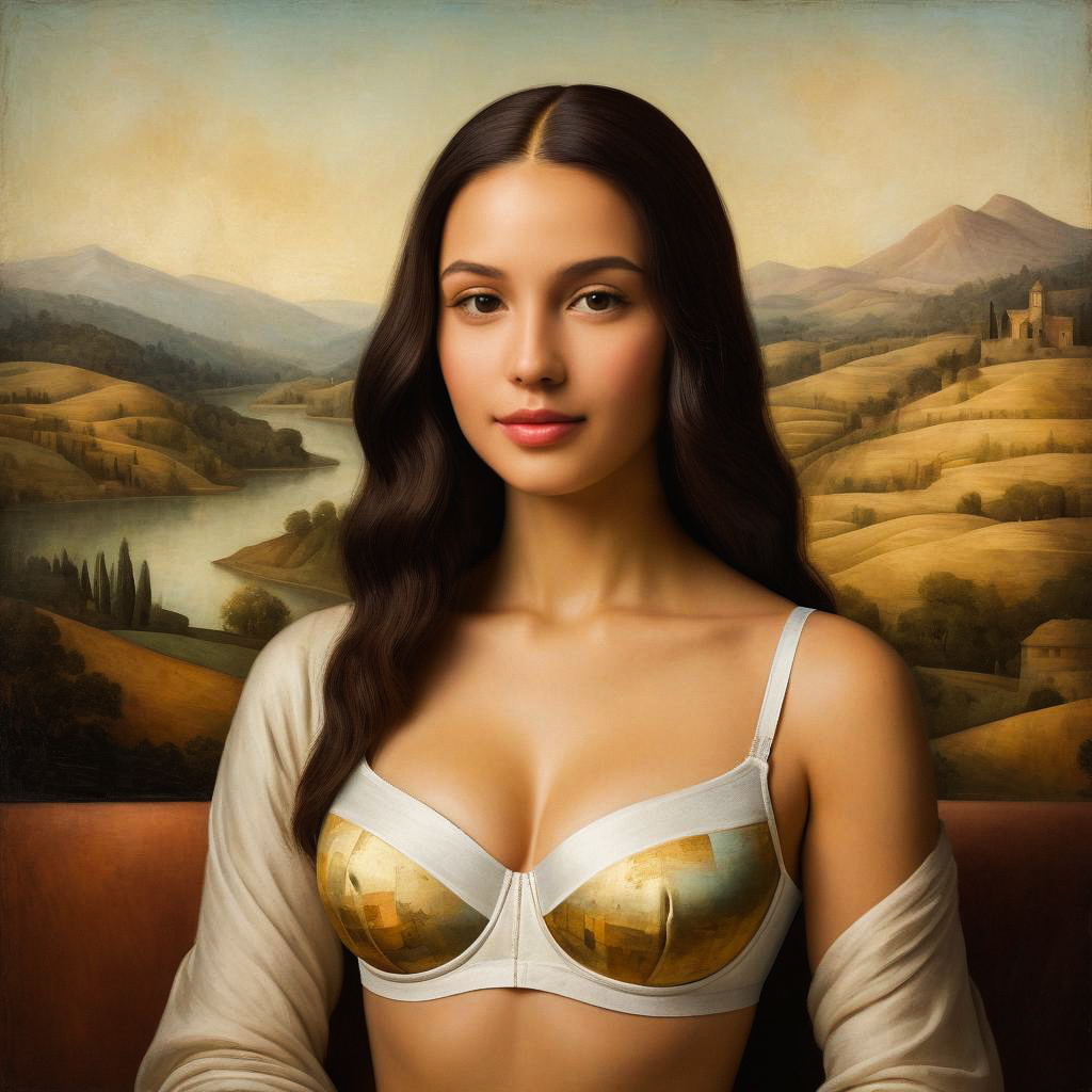 Serene Woman Portrait in Modern Bra with Pastoral Landscape