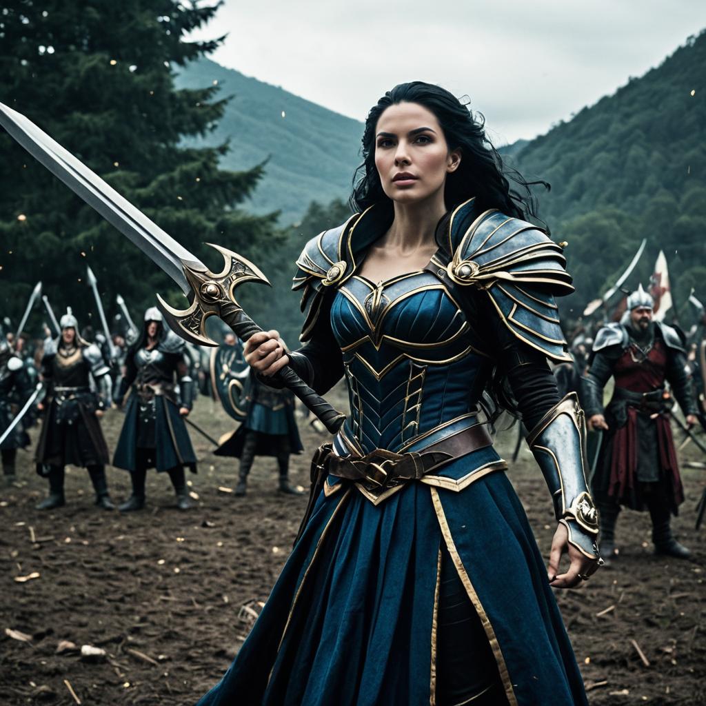 Woman Warrior in Blue and Gold Armor Leading Medieval Fantasy Battle