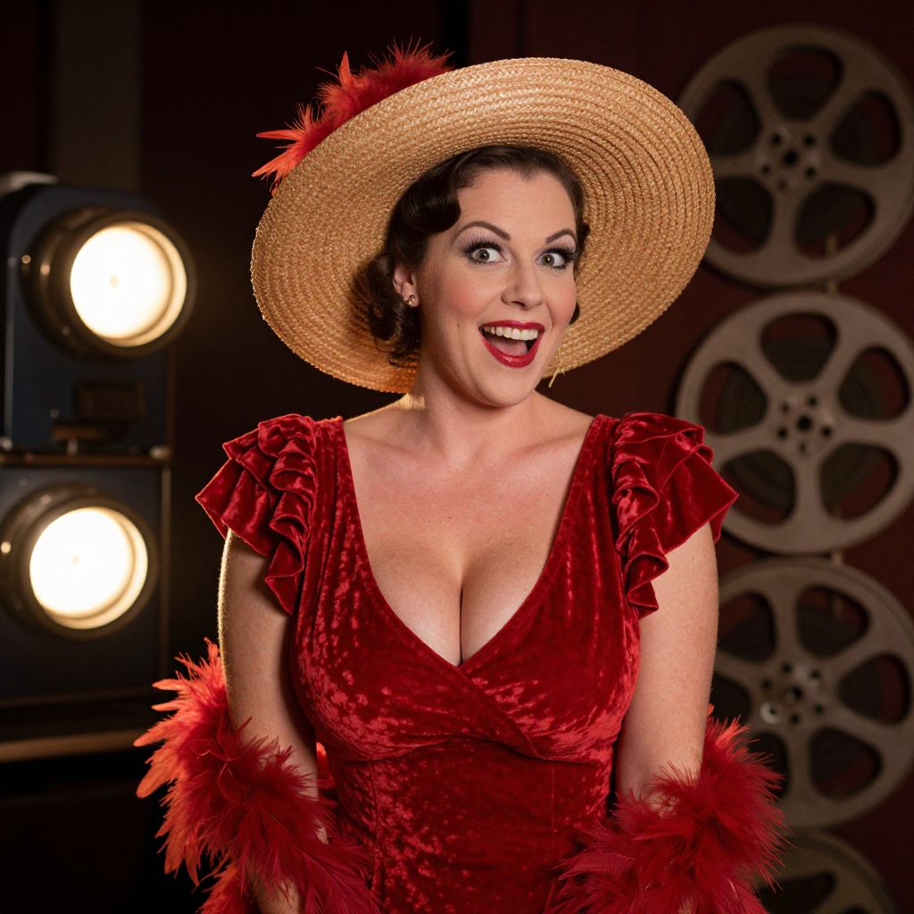 Vintage Glamour Woman in Red Velvet Dress and Straw Hat with Film Reels Background