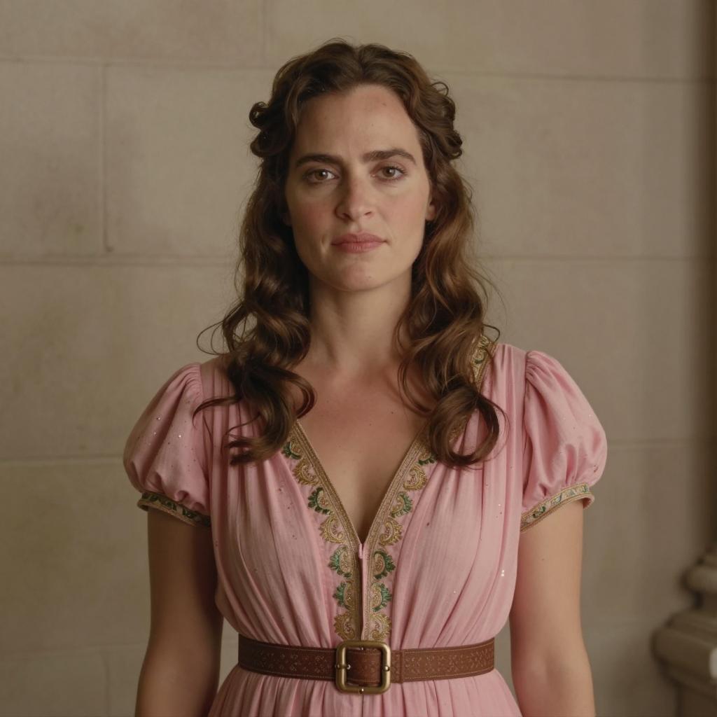 Woman in Vintage Pink Embroidered Dress with Belt