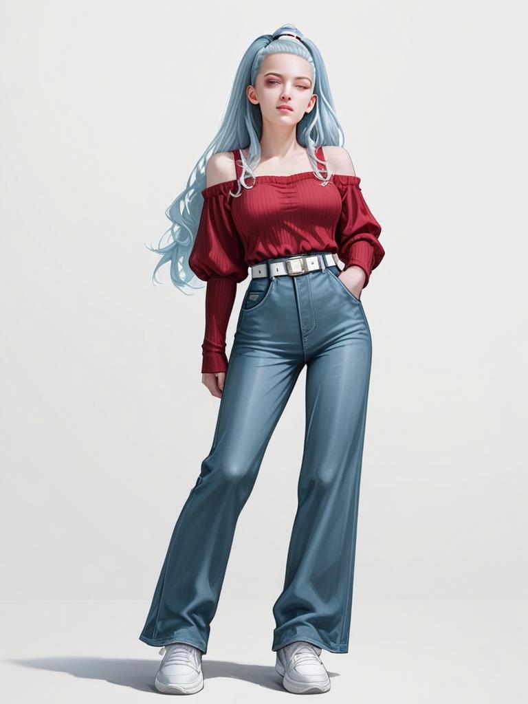 Realistic Full-Body Portrait of Woman in Red Off-Shoulder Top and Blue Pants