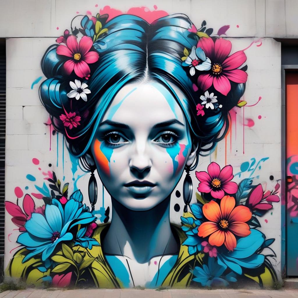 Vibrant Street Art Mural of Woman with Blue Hair Vibrant Street Art Mural of Woman with Blue Hair
