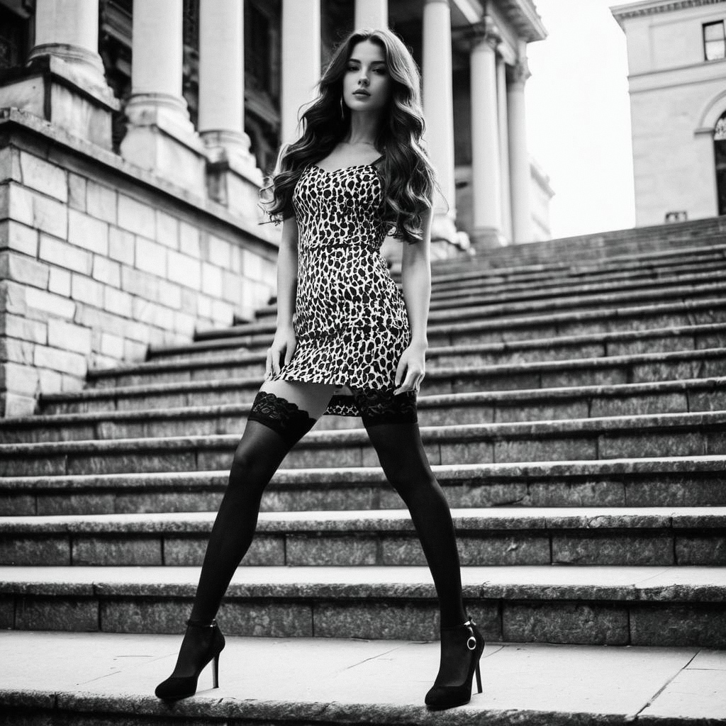 Confident Woman in Leopard Print Dress on Stone Steps Confident Woman in Leopard Print Dress on Stone Steps