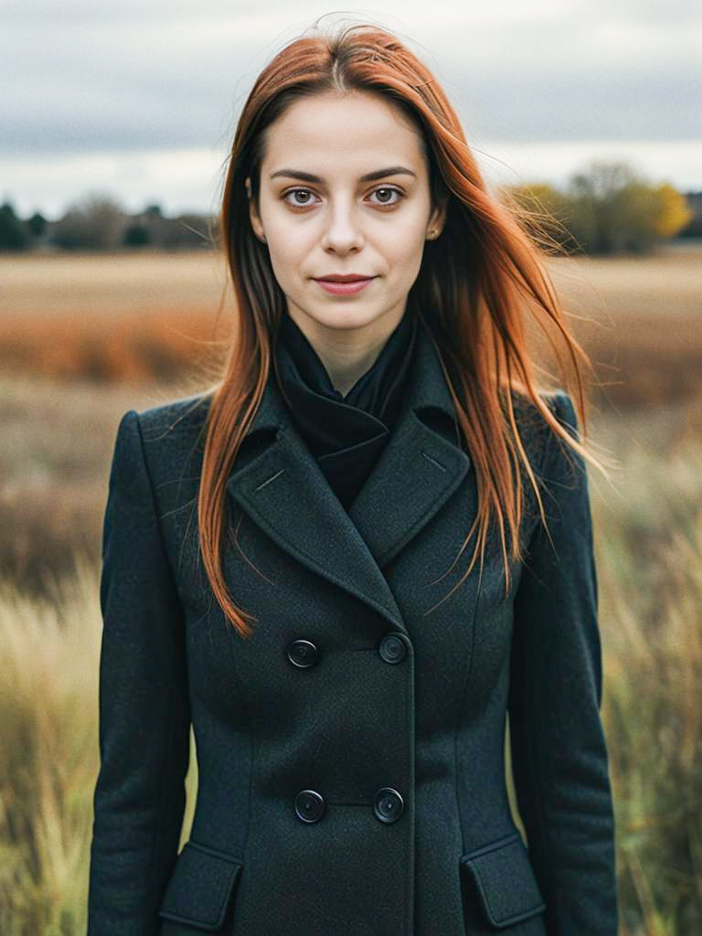 Confident Woman in Black Coat with Red Hair in Scenic Field