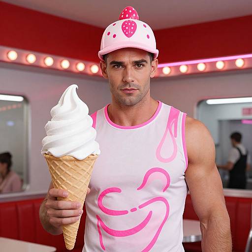 Man Holding Giant Soft Serve Ice Cream Cone in Retro Diner