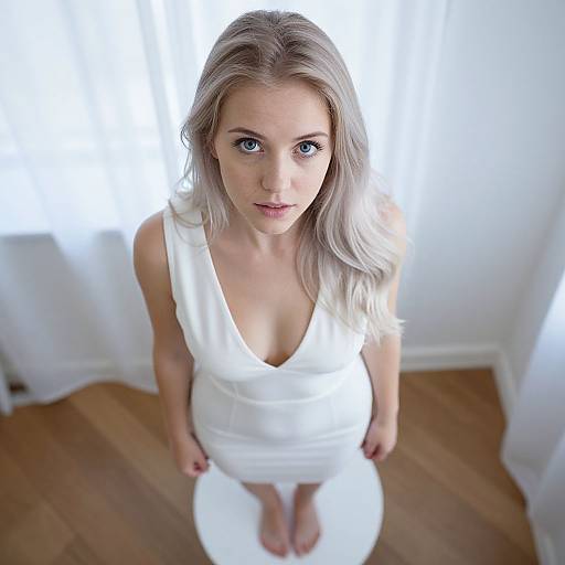 Blonde Woman in White Dress Standing On Stool in Minimalist Room