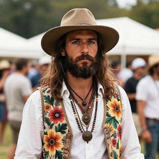 Bohemian Man Wearing Floral Vest and Hat at Outdoor Festival