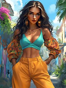 Confident Woman in Trendy Outfit in Vibrant Urban Setting