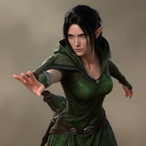 Fantasy Elf Woman in Green Leather Outfit Reaching Forward