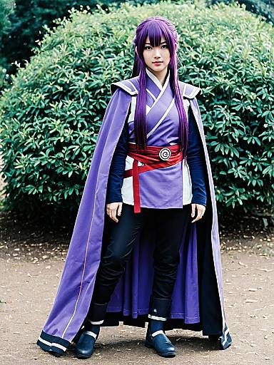 Akatsuki Log Horizon Cosplay Woman in Purple Cloak Outdoors