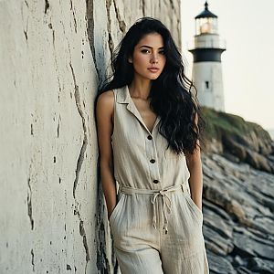 Woman in beige jumpsuit by rocky shoreline with lighthouse