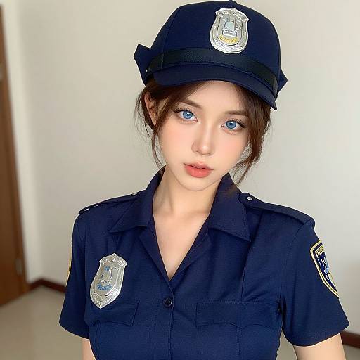 Young Woman in Dark Navy Police Uniform with Cap