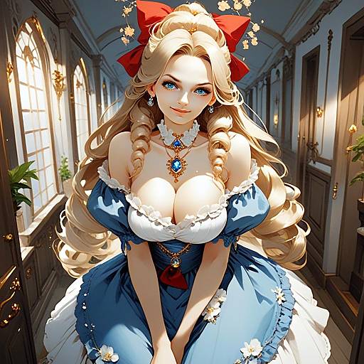Elegant Blonde Anime Woman in Blue Dress with Red Bow in Ornate Hallway