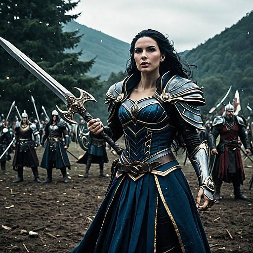 Woman Warrior in Blue and Gold Armor Leading Medieval Fantasy Battle