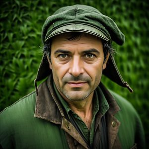 Close-up portrait of a European man with green eyes in nature