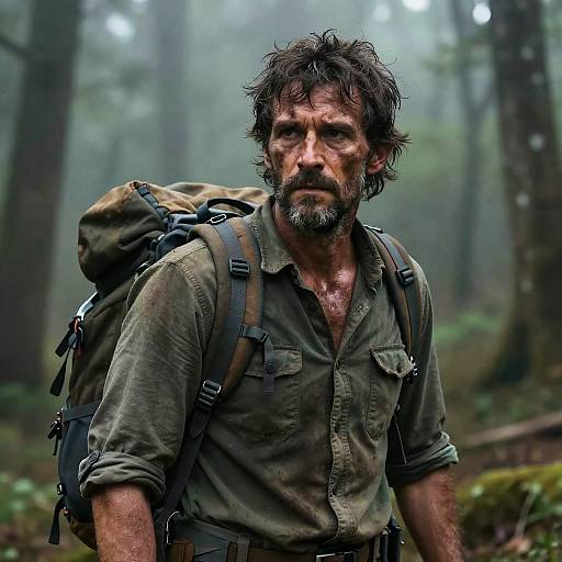 Rugged Man Hiking Through Misty Forest with Backpack