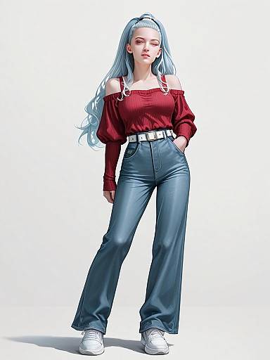 Realistic Full-Body Portrait of Woman in Red Off-Shoulder Top and Blue Pants