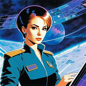 Futuristic Female Officer in Cosmic Setting