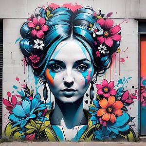 Vibrant Street Art Mural of Woman with Blue Hair