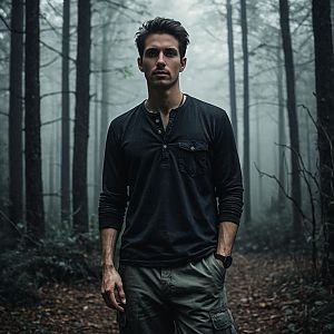 Confident Young Man in Misty Forest