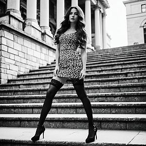 Confident Woman in Leopard Print Dress on Stone Steps