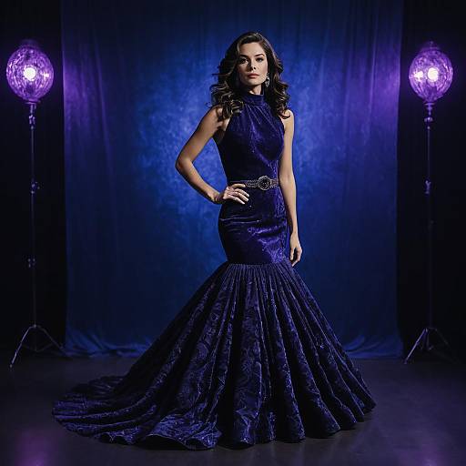 Elegant Woman in Deep Blue Velvet Mermaid Gown with Dramatic Studio Lighting
