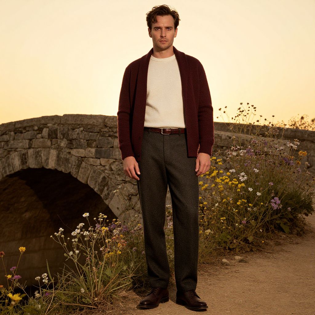Man in Autumn Cardigan and Trousers Standing by Stone Bridge at Sunset