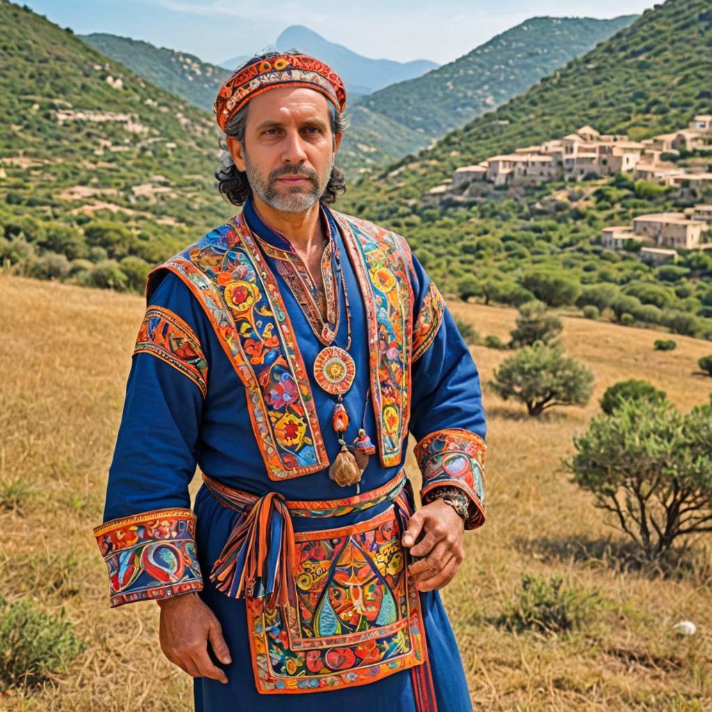 Man in Colorful Traditional Attire in Scenic Landscape