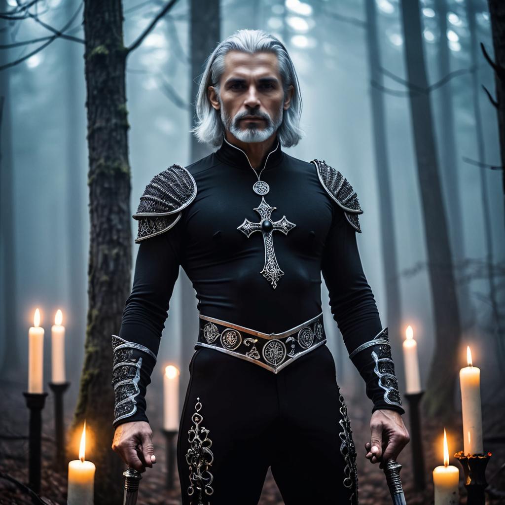Medieval Warrior Man in Black Armor with Crosses in Mystical Forest