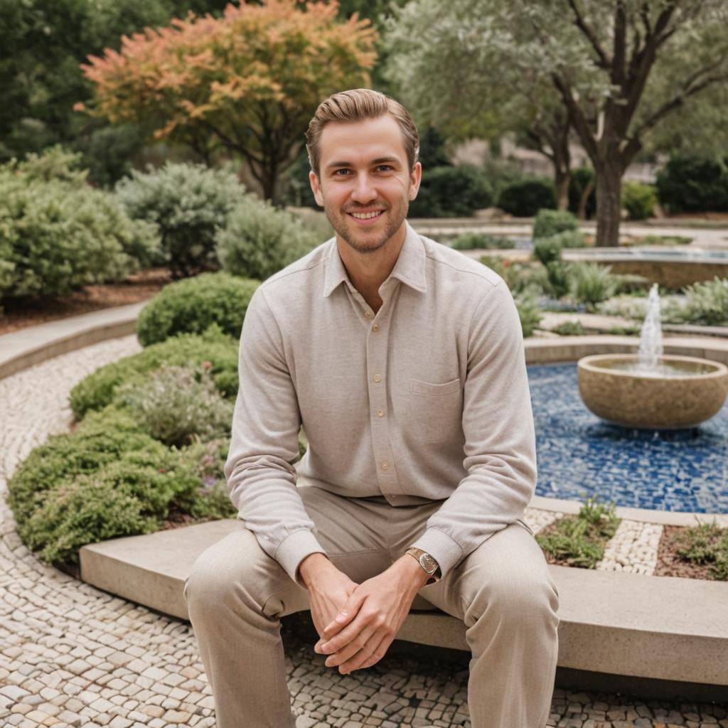 Man Smiling in Serene Garden