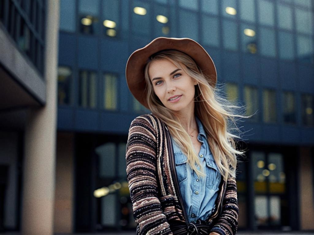 Stylish young woman in trendy outfit outside modern building