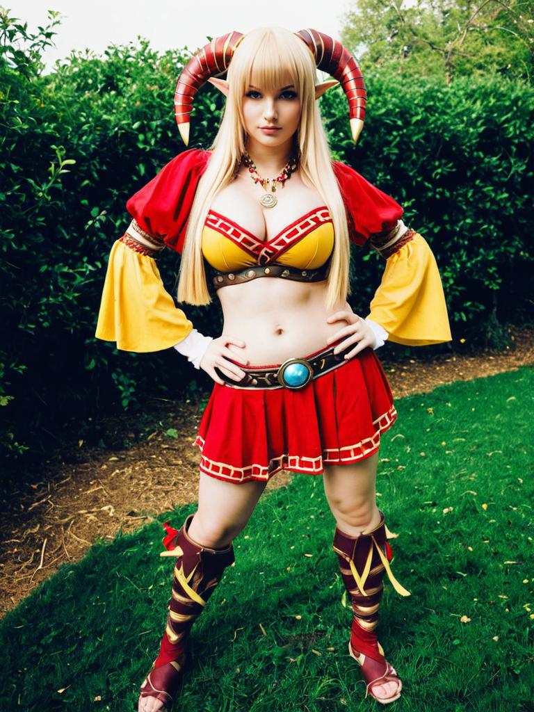 Gypsy Ragnarok Online Cosplay Woman in Red and Yellow Costume with Horns