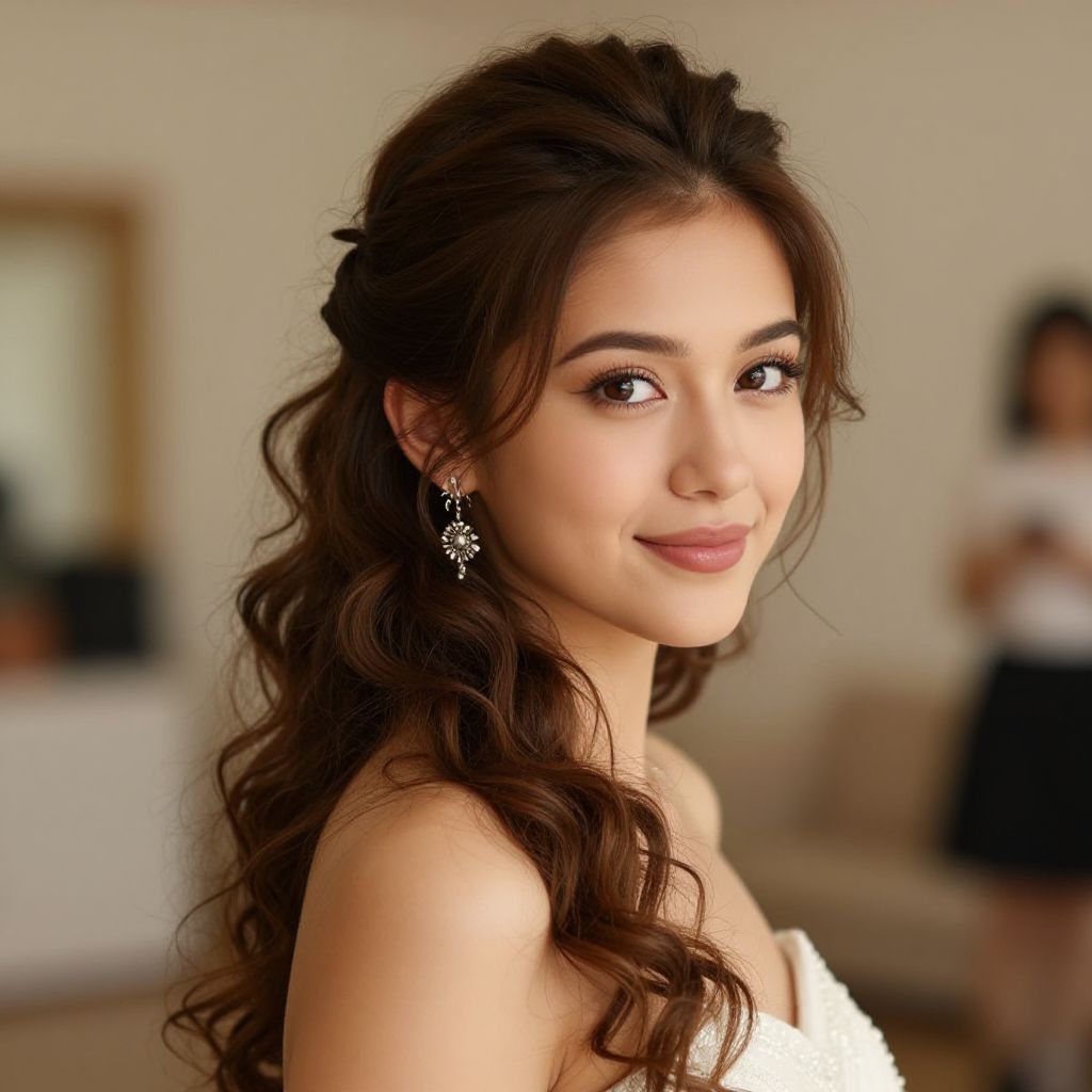 Elegant Young Woman with Wavy Hair and Silver Earrings in Soft Indoor Light