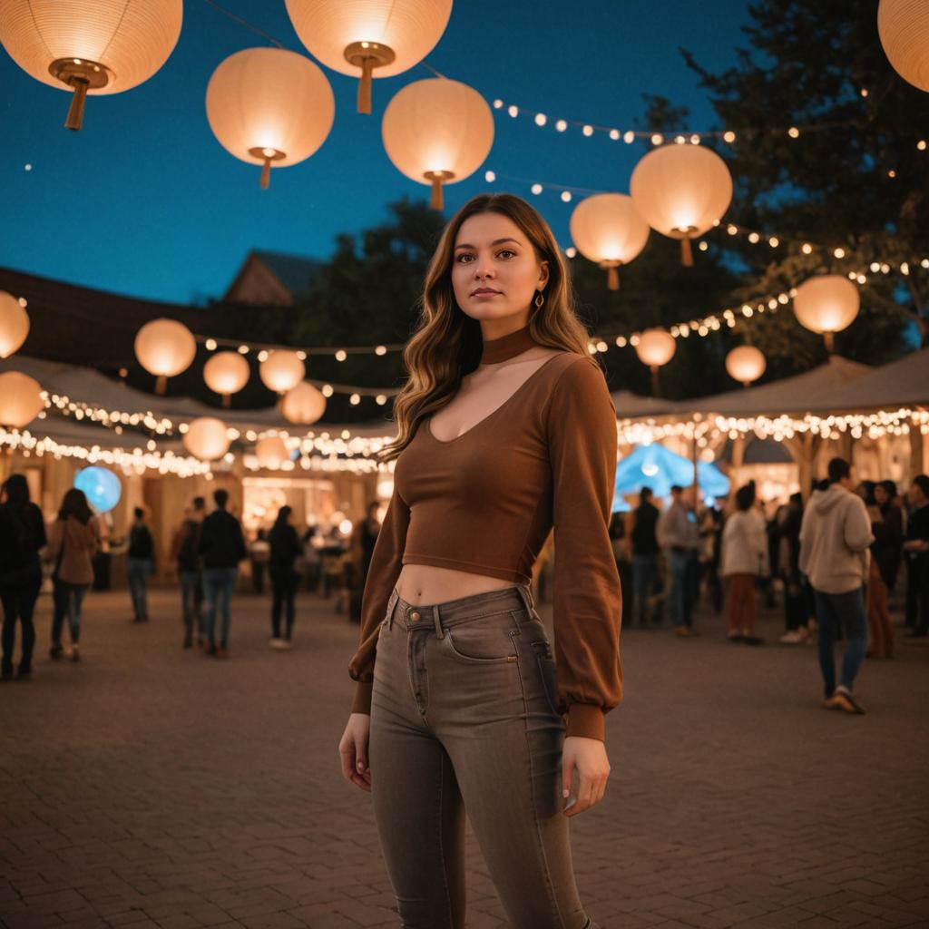 Confident Woman Under Lanterns at Evening Event