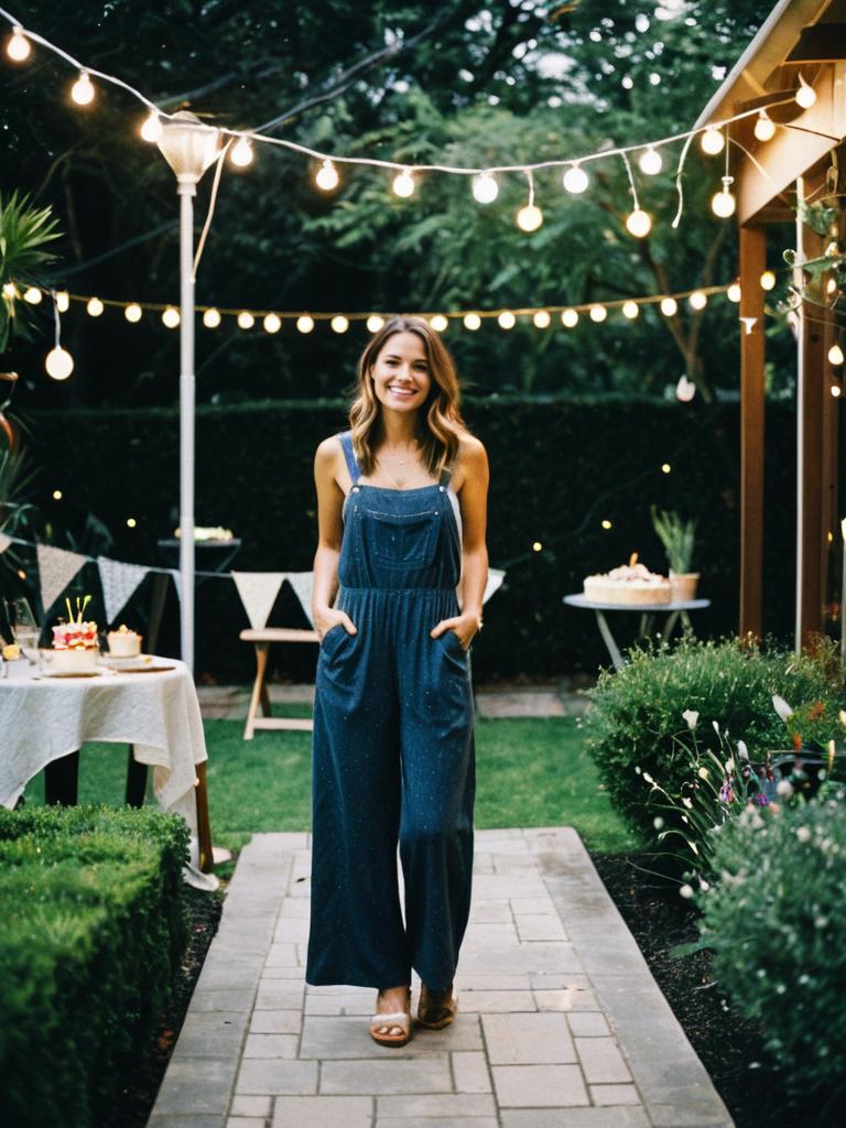 Woman in Blue Jumpsuit at Cozy Garden Party with String Lights