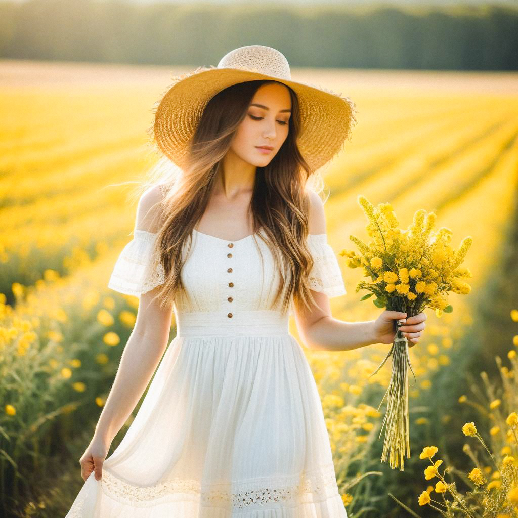 Young Woman in White Dress in Flower Field