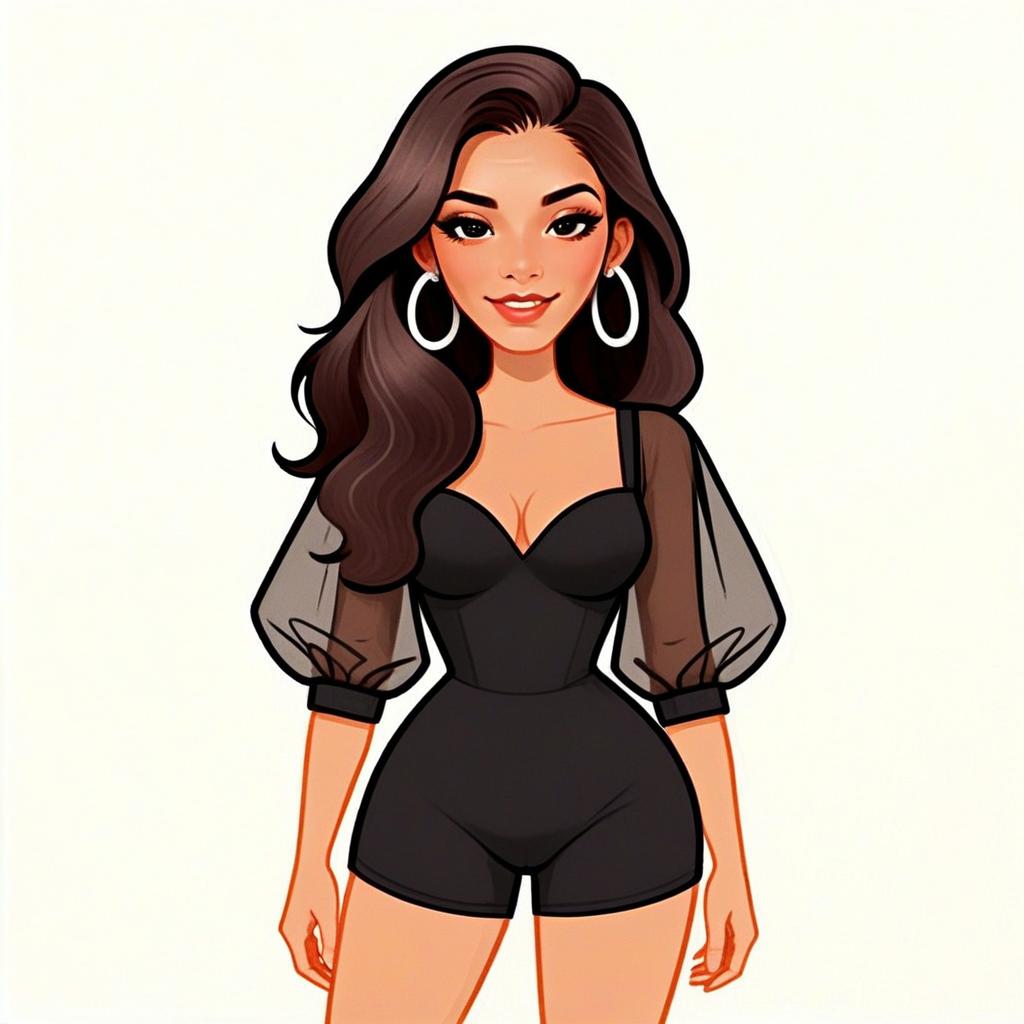 Stylish Woman in Black Romper with Sheer Puff Sleeves Digital Illustration