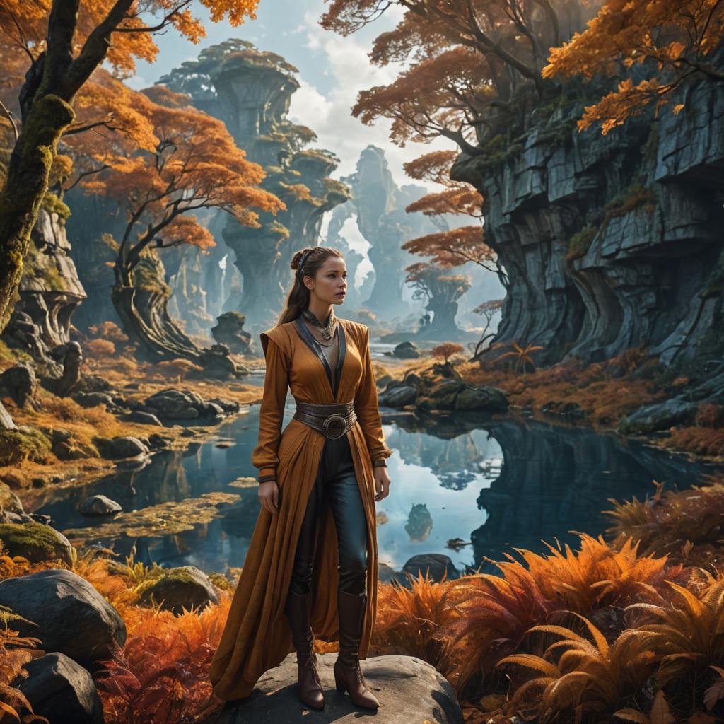 Woman by Tranquil River in Enchanted Autumn Forest