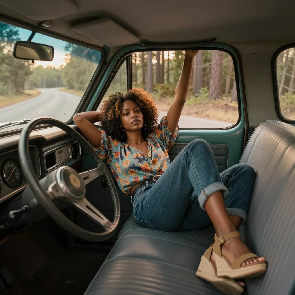 Relaxed Woman in Vintage Car on Quiet Forest Road